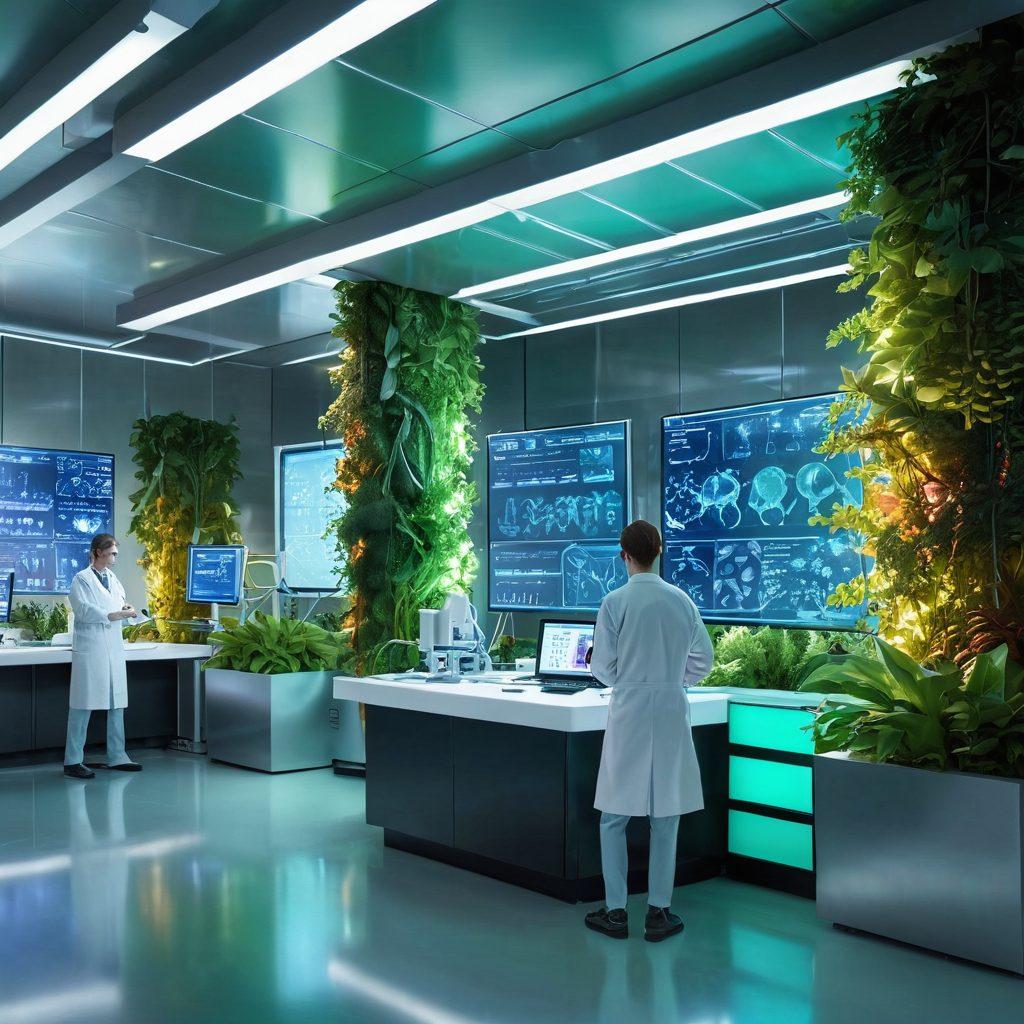 A futuristic laboratory showcasing advanced cancer detection technologies, featuring scientists collaborating around a high-tech diagnostic machine. Bright holographic displays of cells and DNA strands are prominent, with a backdrop of lush green plants symbolizing health. The atmosphere is filled with optimism and innovation, emphasizing early diagnosis and prevention. super-realistic. vibrant colors. 3D.