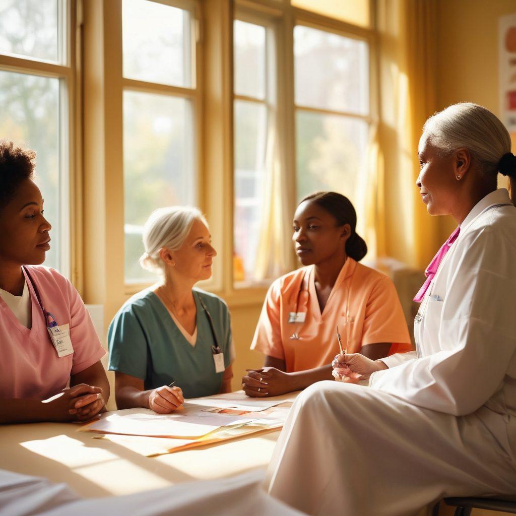 A serene hospital scene depicting a diverse group of patients engaged in a collaborative educational workshop, with a compassionate healthcare professional guiding them. Include warm colors and elements symbolizing hope and support, such as light rays filtering through a window and a poster of a cancer ribbon in the background. Soft, inviting atmosphere emphasizing community and empowerment. painting. vibrant colors. soft focus.