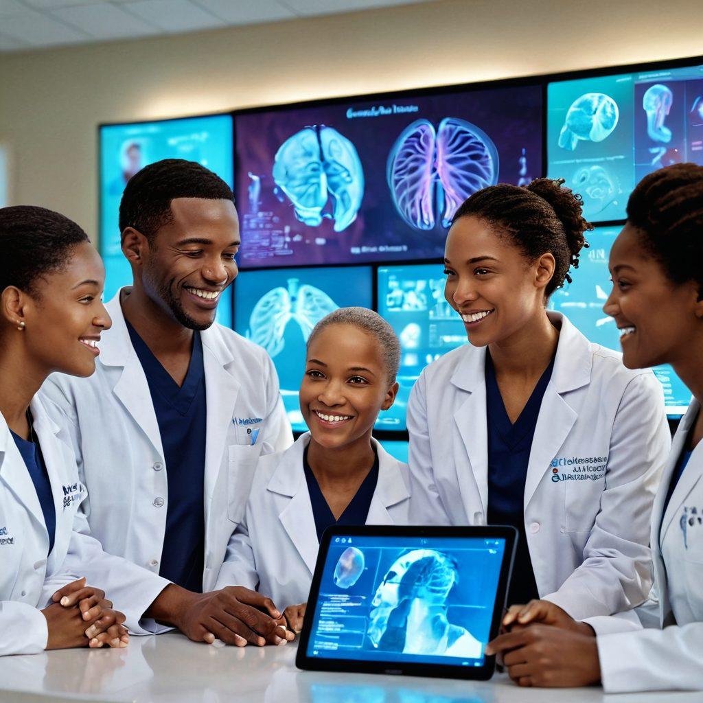 A hopeful scene of a diverse group of healthcare professionals collaborating around a digital holographic display showcasing cancer treatment innovations. In the background, a patient smiles with family support, symbolizing survivorship and community. Bright, uplifting colors and soft lighting enhance the atmosphere of hope and progress. super-realistic. vibrant colors. 3D.
